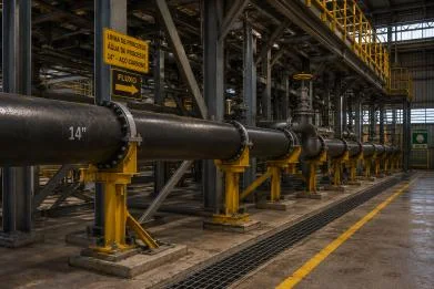 Linha de tubulação de grande diâmetro apoiada em suportes metálicos ao longo de uma via interna de planta industrial.